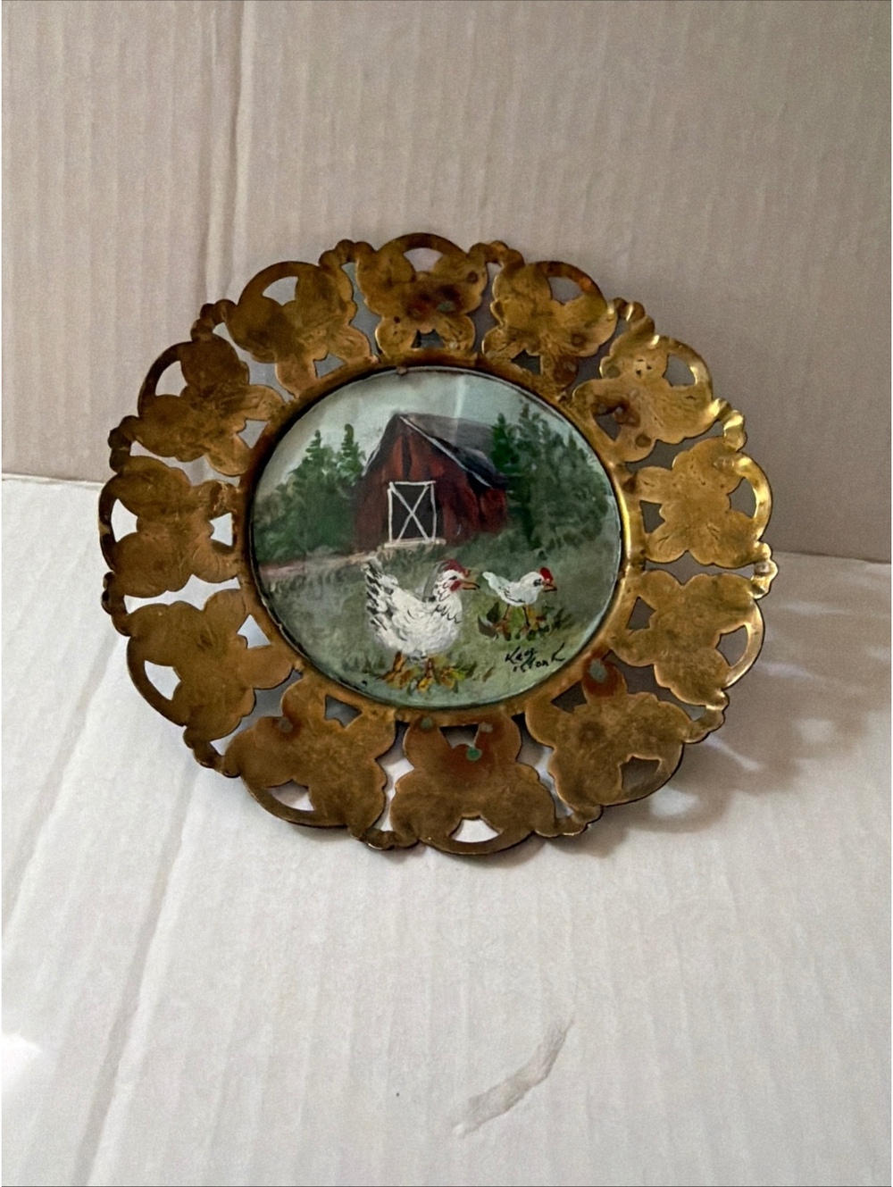 Vintage Made in England Brass Butterfly Frame Farm barn Painting Signed K. Clark